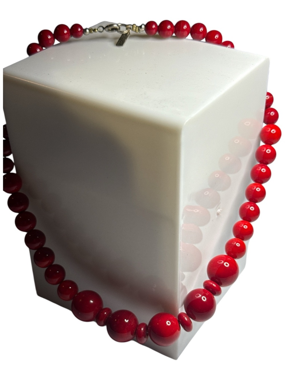 Vintage Karla Jordan Red Glass Bead Statement Necklace Signed 16”